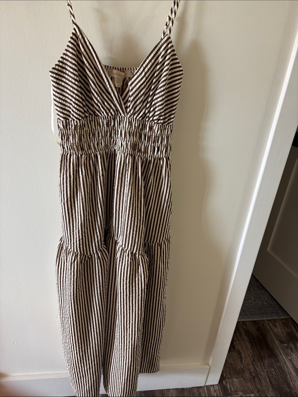 Brown and White Striped Smocked Maxi  Dress